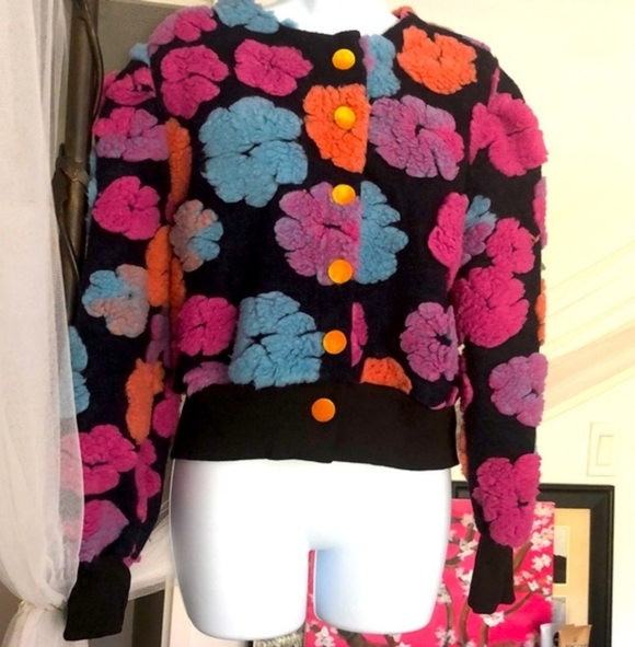 Floral Jacket Bomber Puff Sleeve Coat 3D Flowers Runway Fashion Pink Black